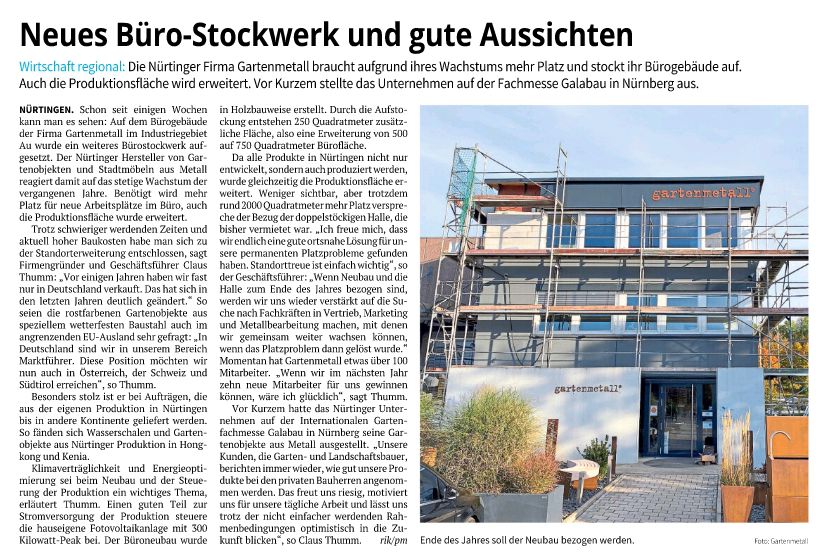 Firmenaufstockung Nürtinger Zeitung 03/10/2022