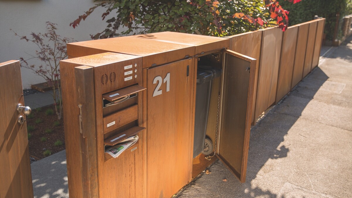 Kombination auch Mülltonnenboxen, Briefkasten CASA und Zaunsystem