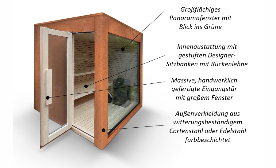 Aufbau und Beschreibung der Gartensauna ALPIN mit Glasfront und Cortenstahl-Fassade